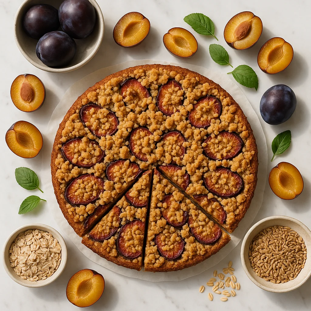 Healthy German Plum Cake Pflaumenkuchen Recipe with Spelt and Oat Streusel