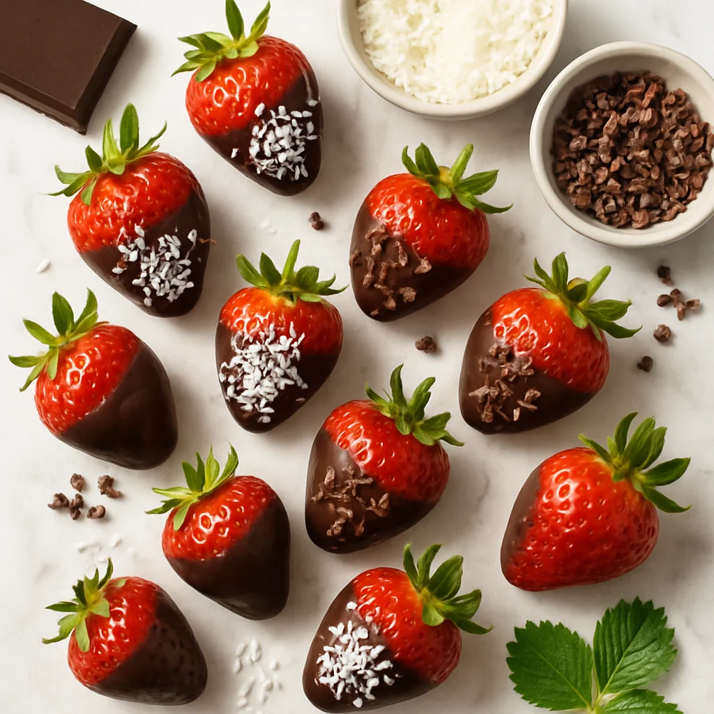 Healthy Dark Chocolate Dipped Strawberries with Coconut and Cacao