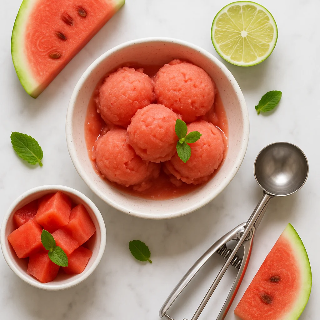 Healthy Watermelon Sorbet No Sugar (3 Ingredients, No Churn)