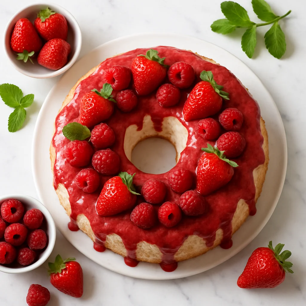 Low Calorie Strawberry Angel Food Cake with Fresh Berry Glaze